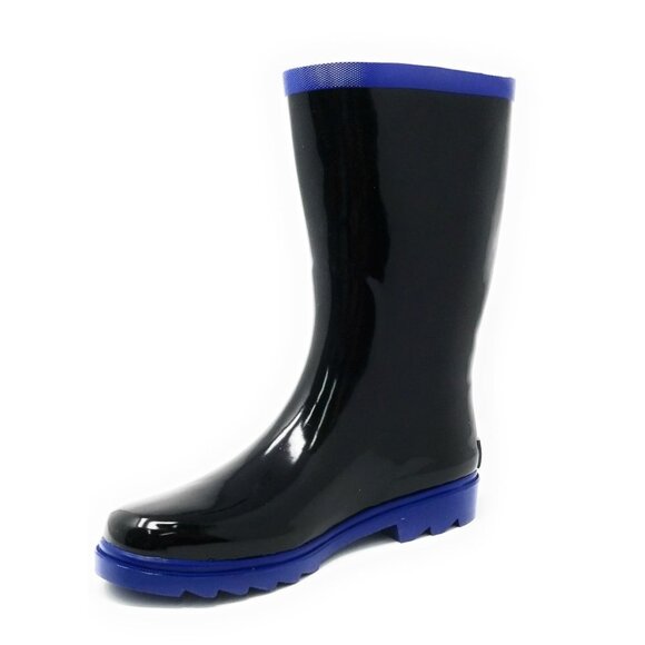 Women Rainboots, Mid Calf Rubber Rain Boots, RB-6044, Black / Blue Trim - Picture 1 of 4